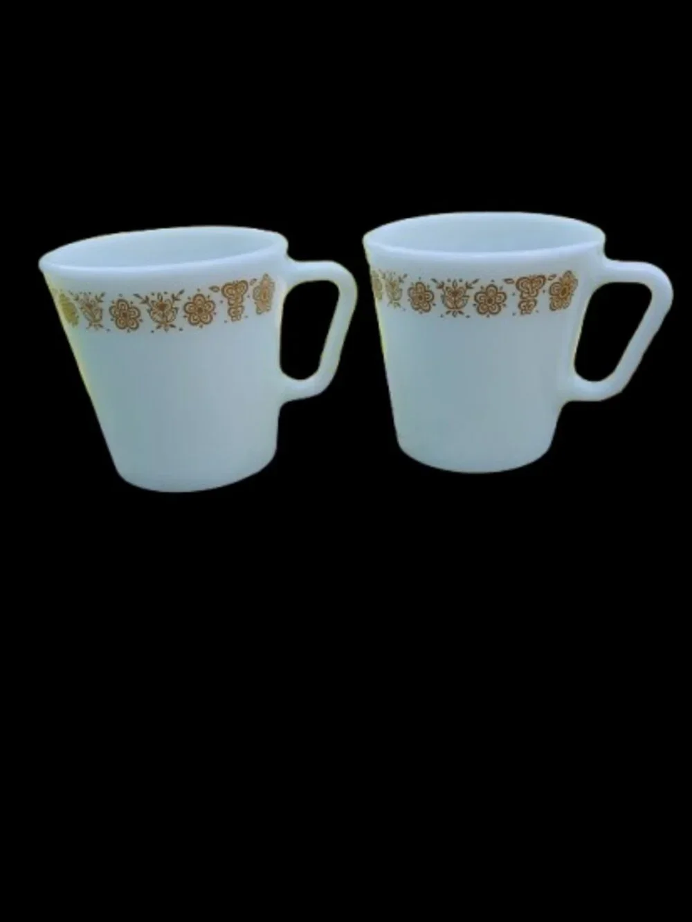 vintage pyrex white milk glass gold butterfly pattern coffee mugs made in USA